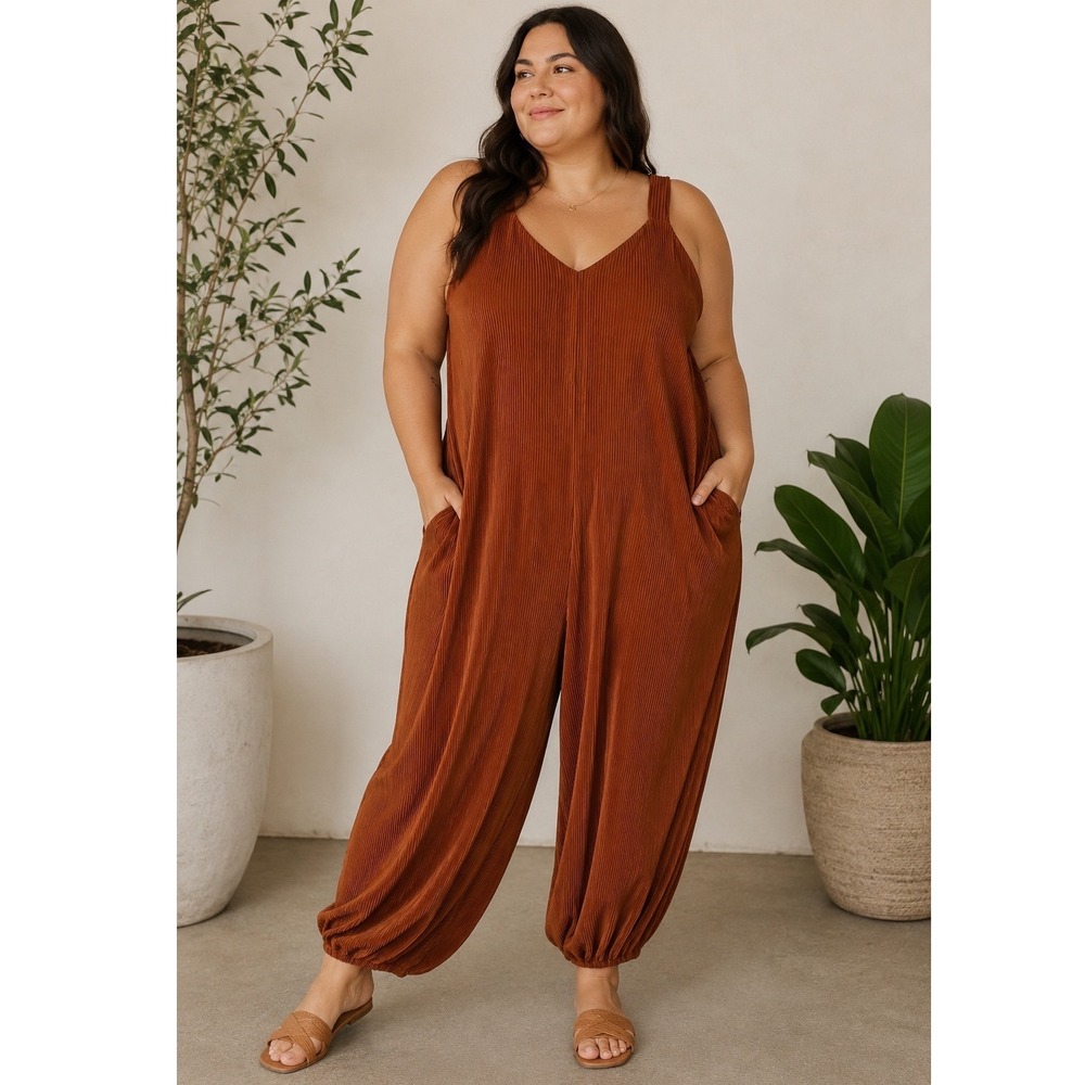 Ashley Stewart Jumpsuit Women 18/20 Brown New Pleated Bubble Hem Casual Chic